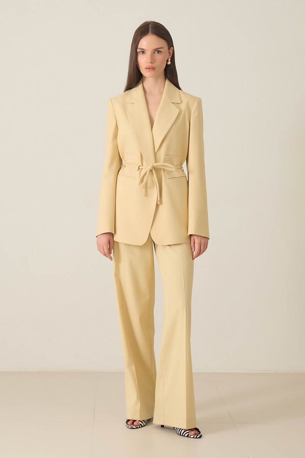 Setre Waist Tie And Pocket Detailed Jacket, Relaxed Cut Trouser Suit Light Yellow