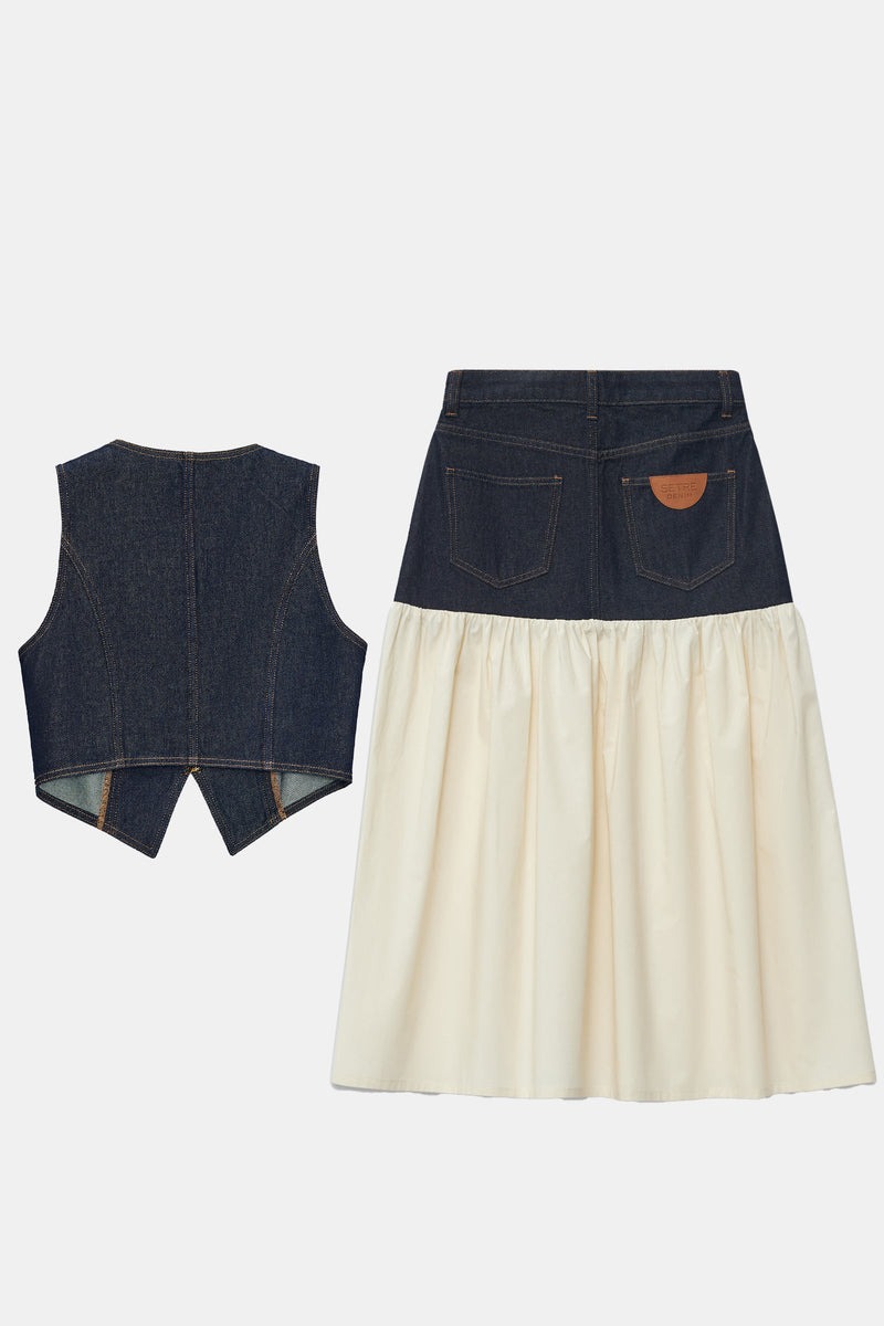 Setre Stitch Detailed Vest And Skirt Set Navy