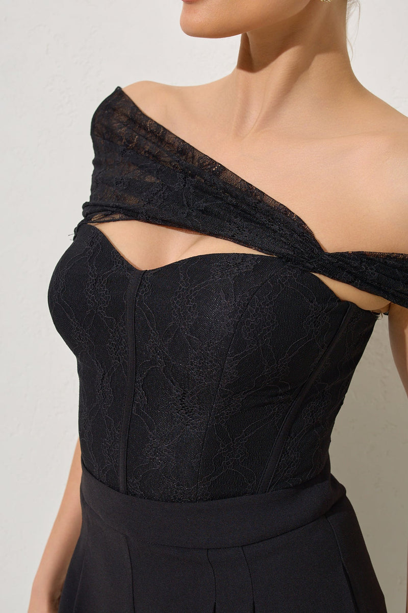 Setre Sleeve And Lace Detailed Trouser Jumpsuit Black