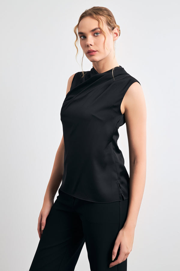 Setre Asymmetric Collar Sleeveless Blouse Black