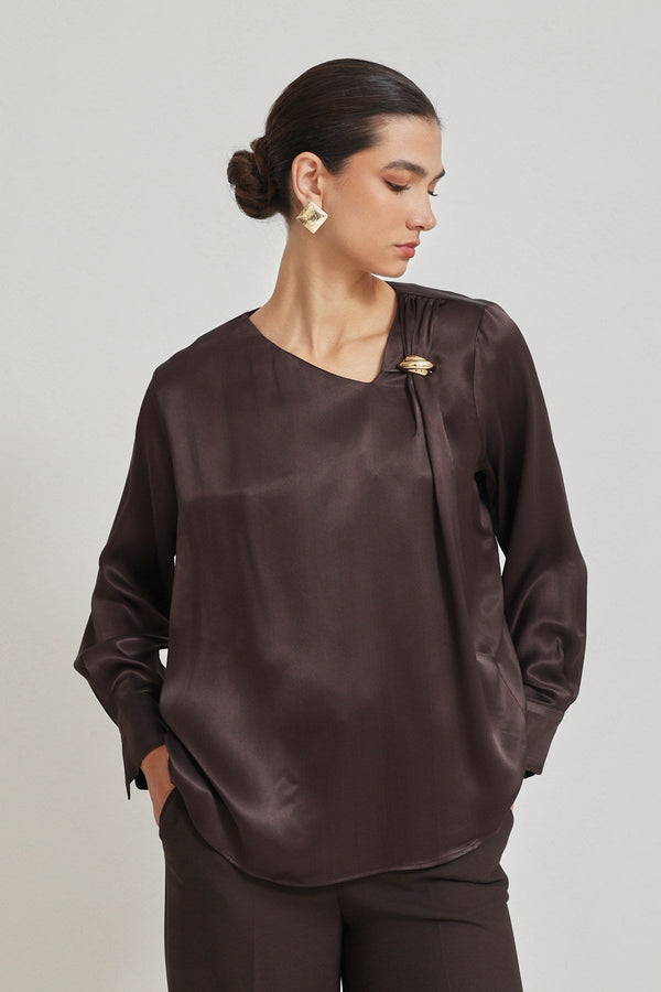 Setre Collar Accessory Detailed Relaxed Cut Blouse Chocolate Brown