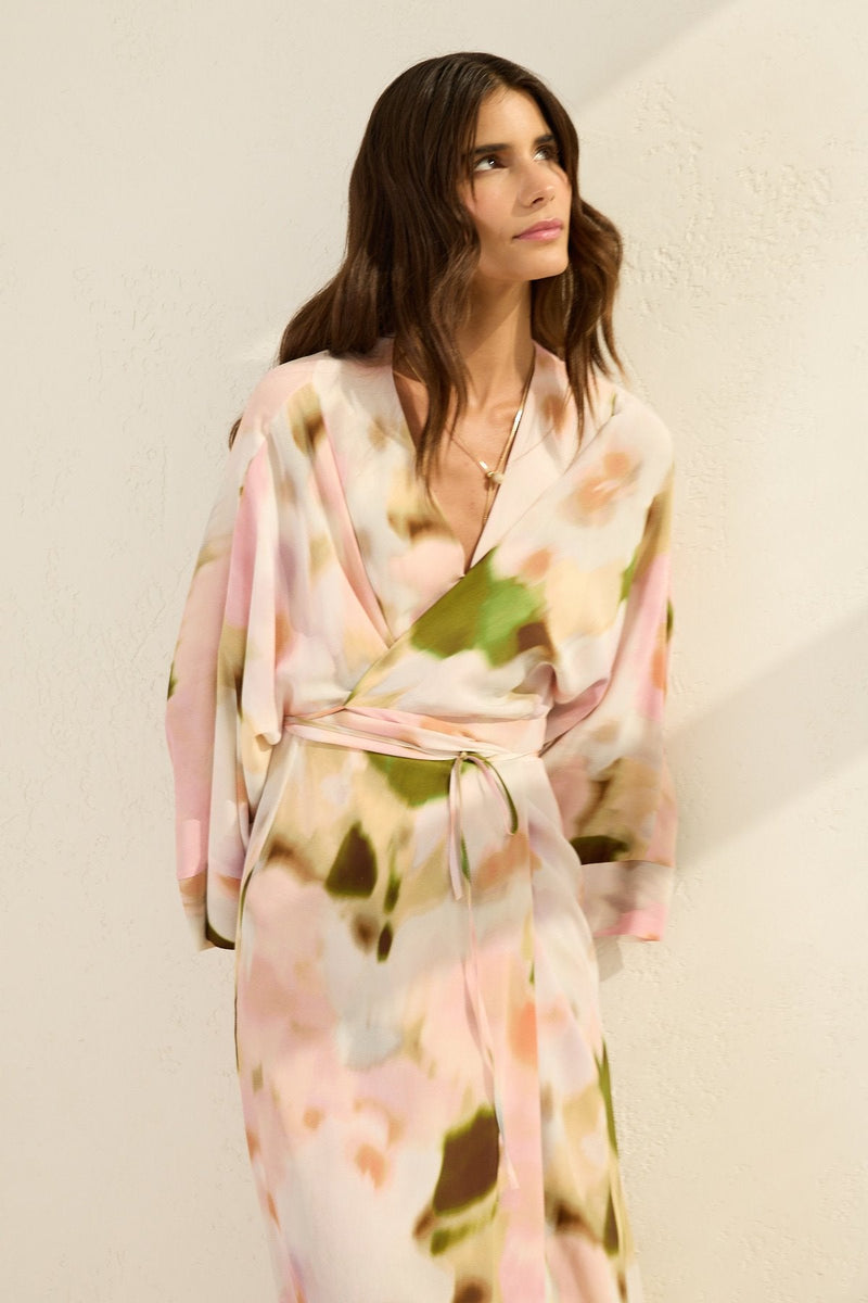 Setre V-Neck Sleeve And Tie Detail Printed Dress Powder Pink