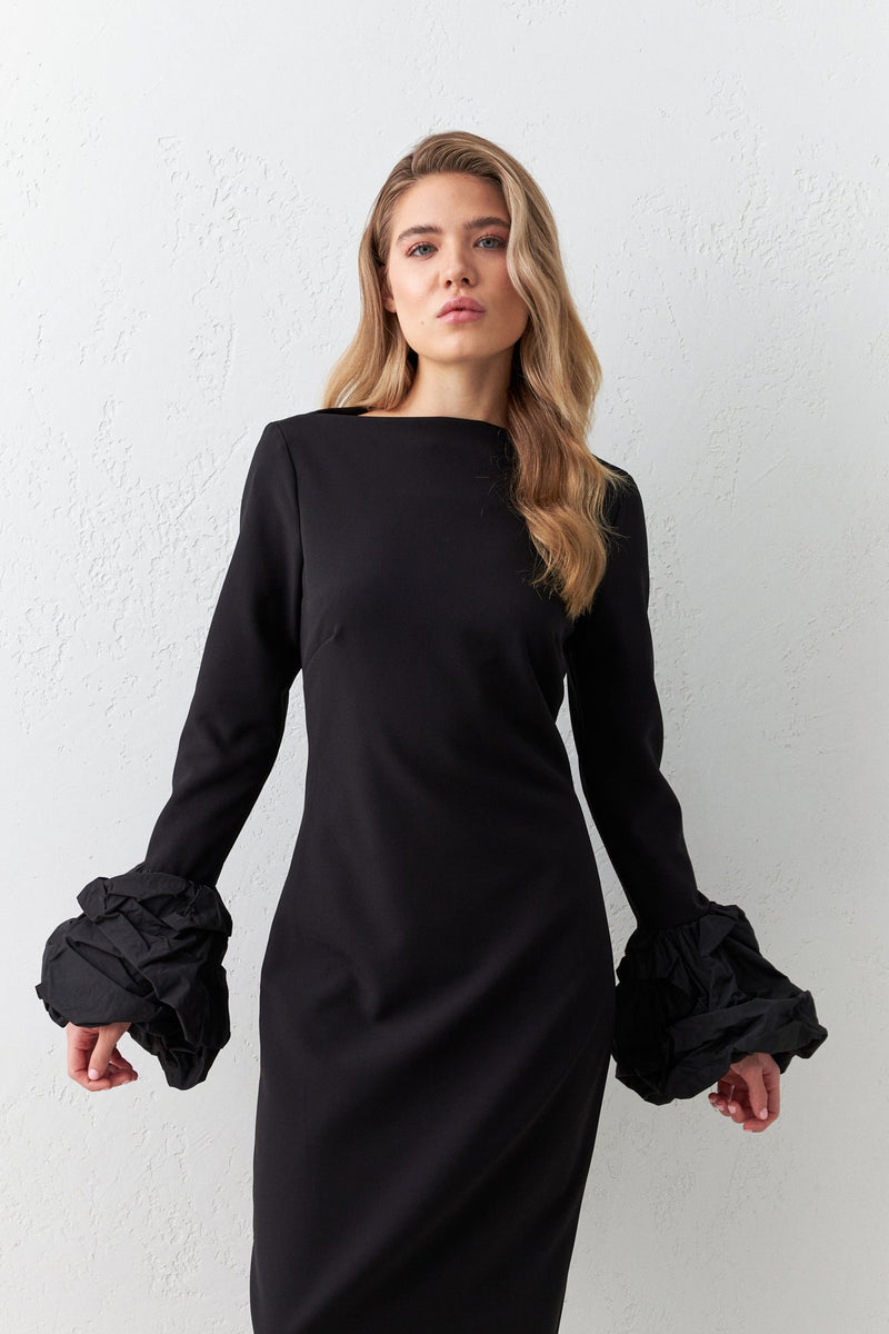 Setre Sleeve Detailed Full Fit Midi Dress Black