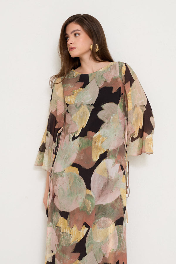 Setre Side Tie Detailed Long Sleeve Patterned Dress Black/Yellow