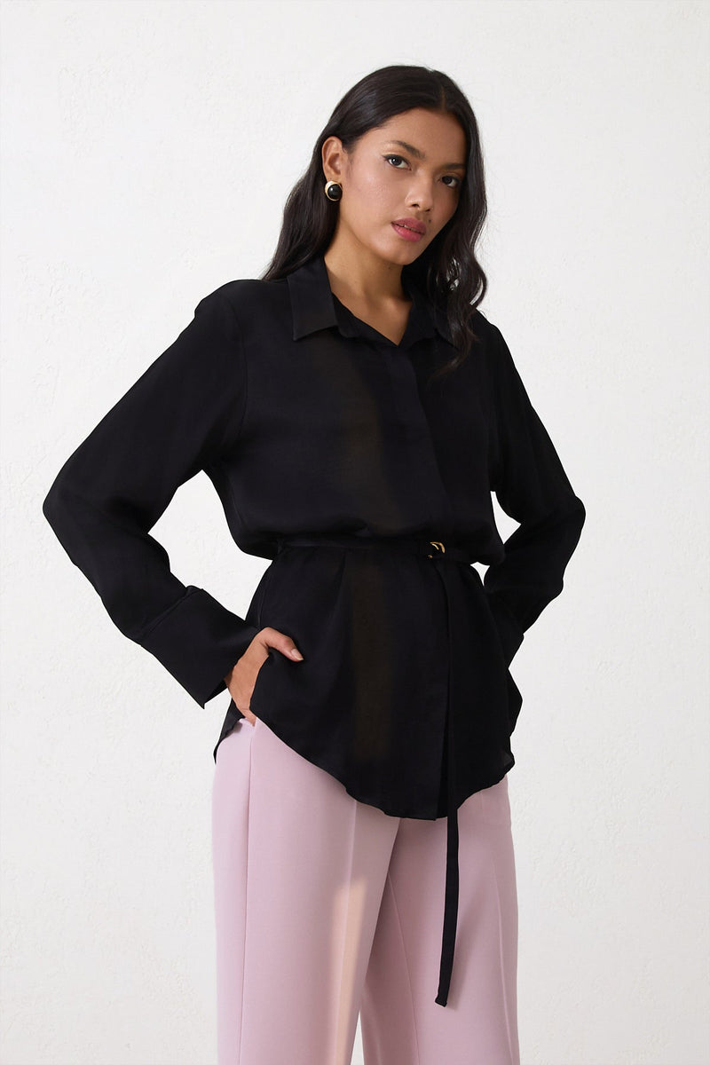 Setre Waist Belted Long Sleeve Shirt Black