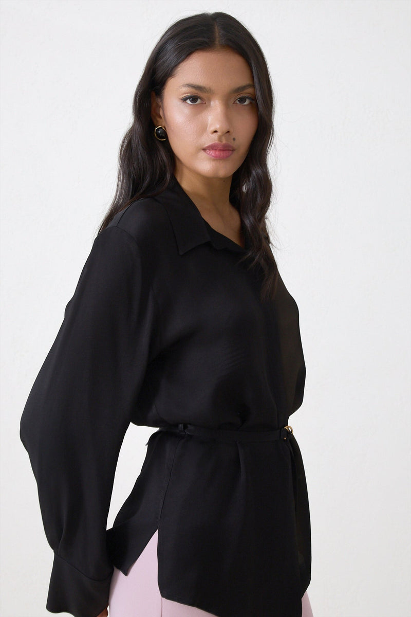 Setre Waist Belted Long Sleeve Shirt Black