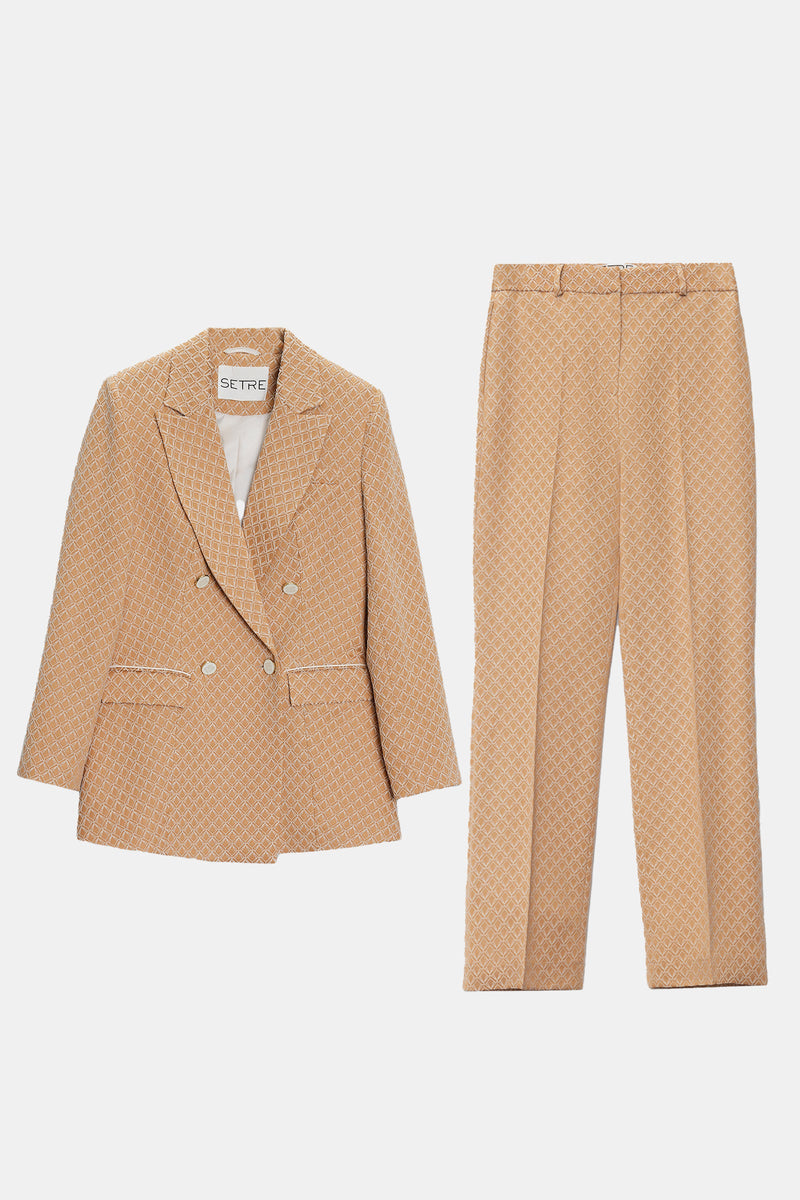 Setre Buttoned Jacket, Waist Detailed Trousers Patterned Suit Beige