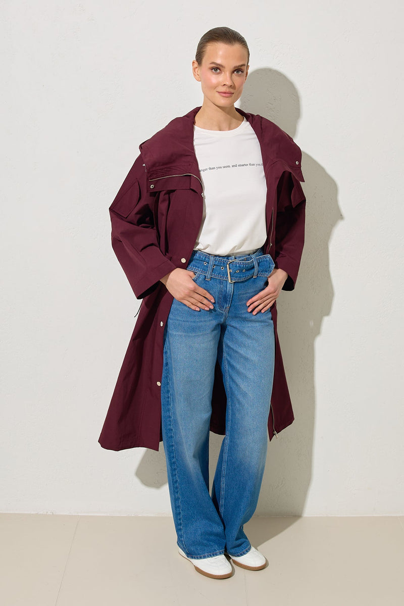 Setre Relaxed Cut Trench Coat With Collar Detail Burgundy