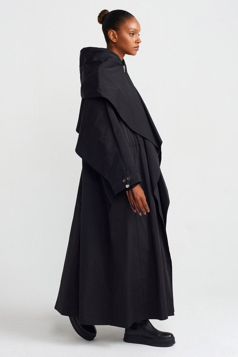 NU Hooded Long Raincoat Black