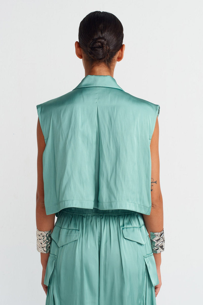 NU Silver Buttoned Pocket Satin Shirt Turquoise