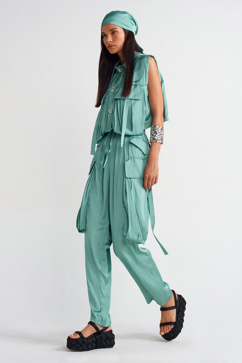 NU Silver Buttoned Pocket Satin Shirt Turquoise