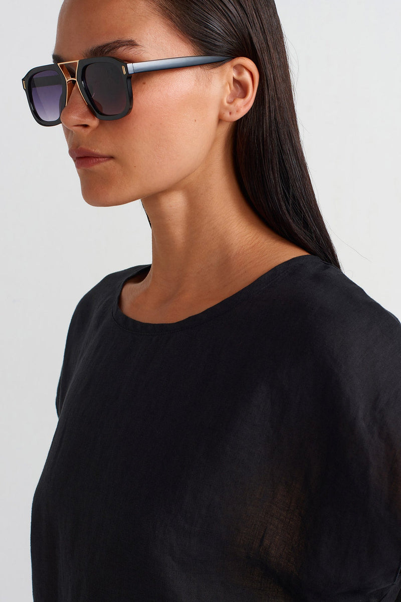 NU Long Back Linen Blouse Black