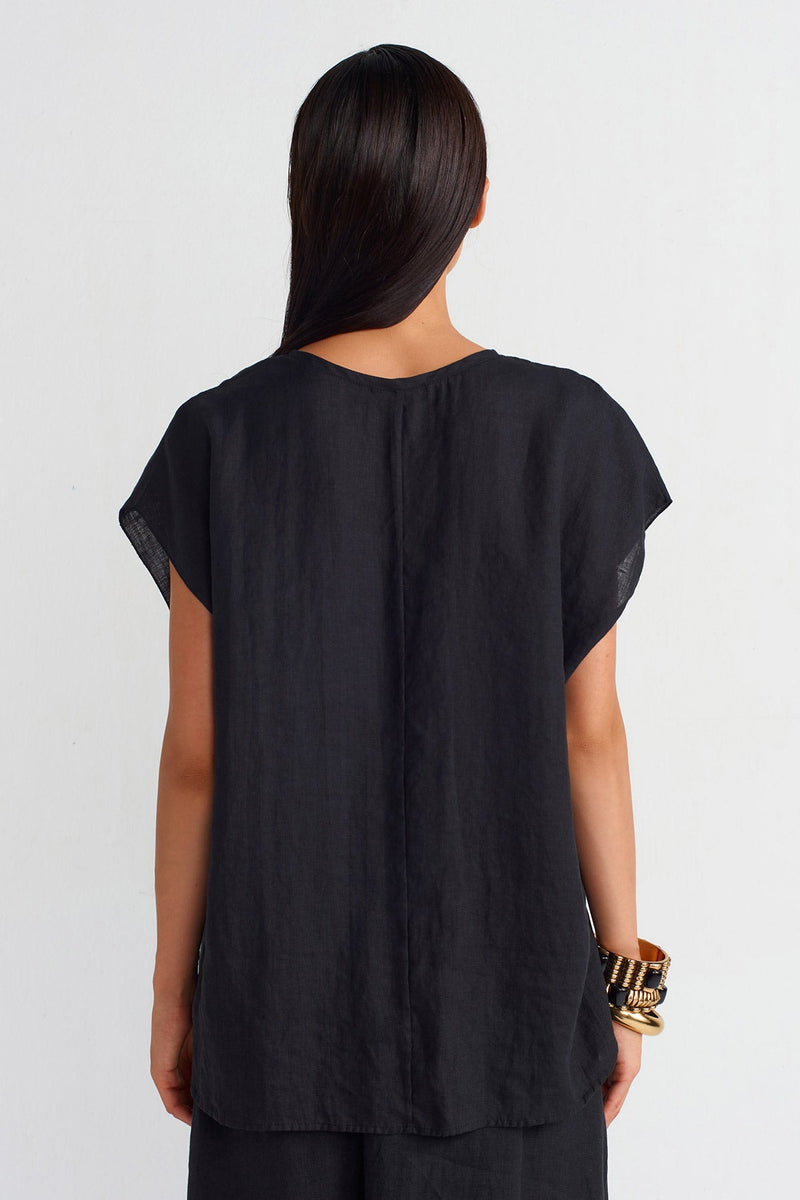 NU Long Back Linen Blouse Black