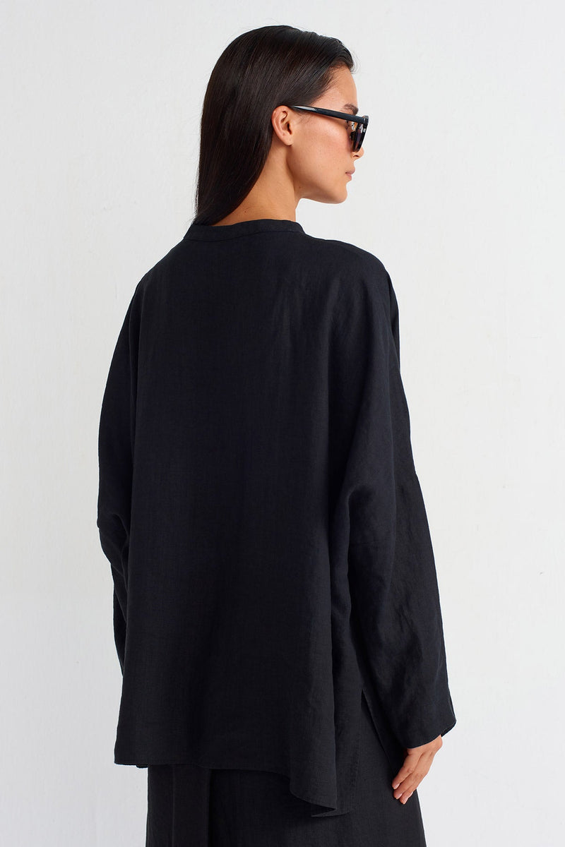 NU V Neck Long Sleeve Linen Blouse Black
