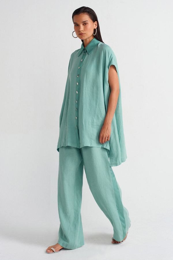 NU Linen Silver Button Shirt Turquoise