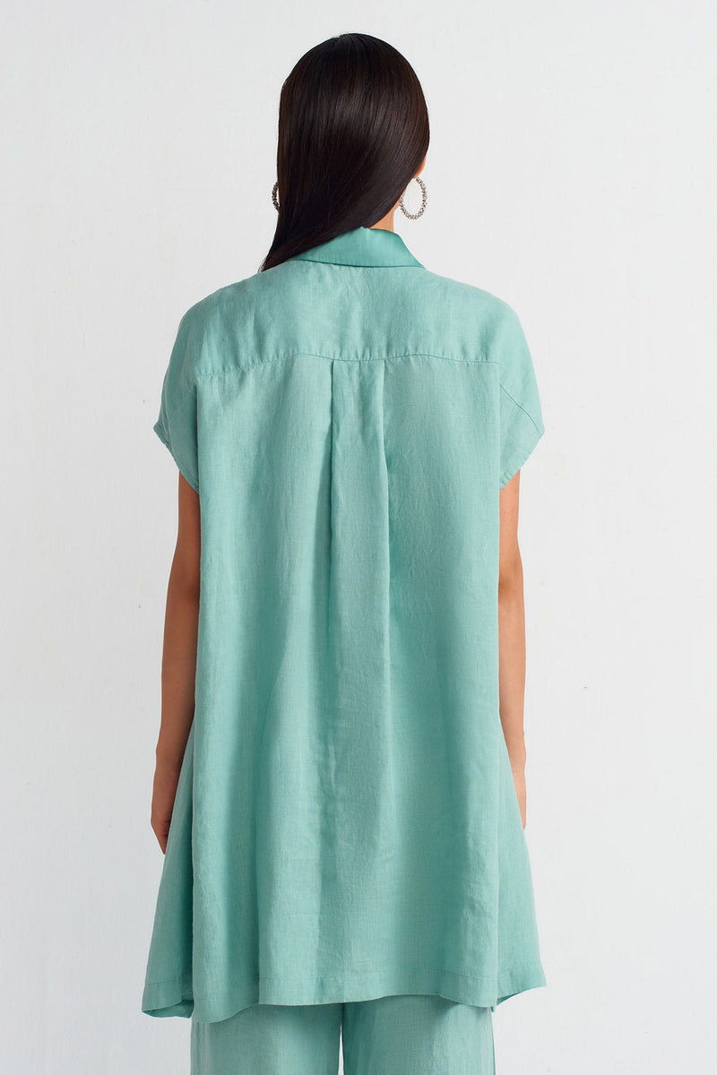 NU Linen Silver Button Shirt Turquoise