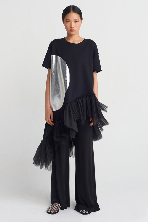 NU Pleated Hem, Printed Blouse Black - Silver