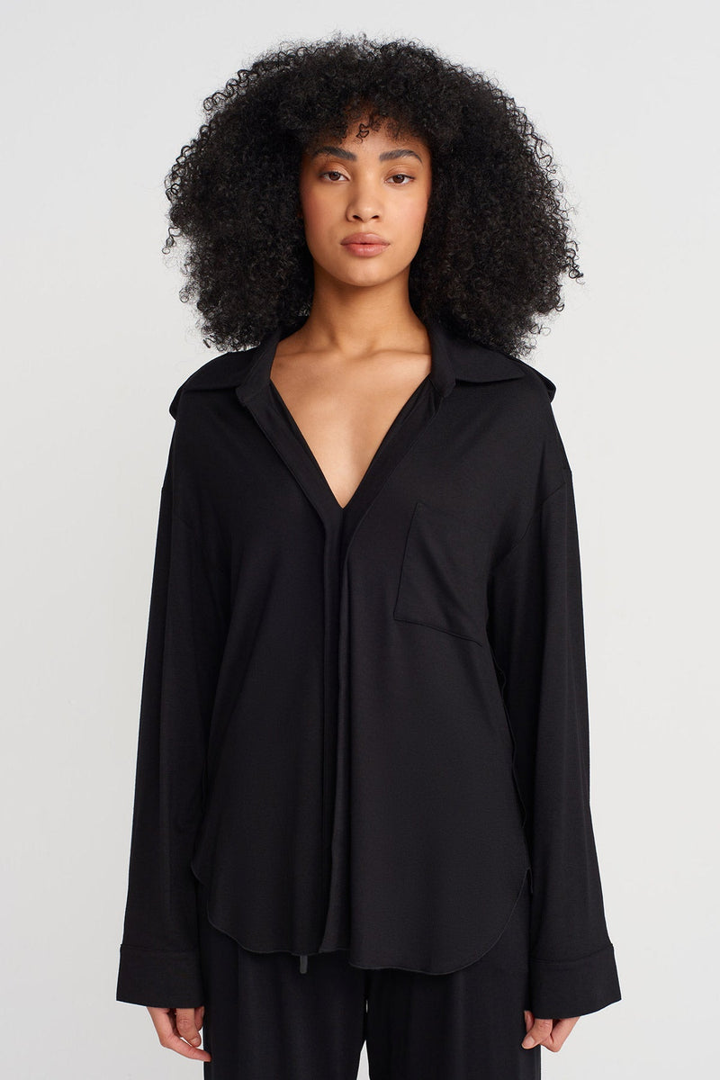 Nu V Shirt Collar Blouse Black