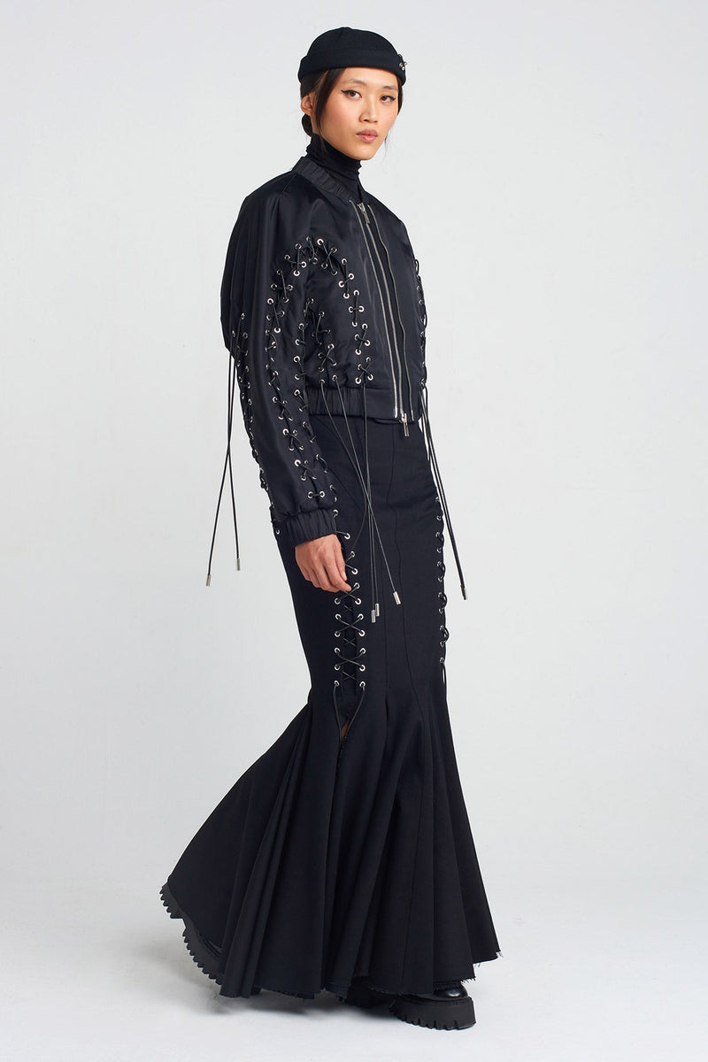 NU Bird-Eye And Lace-Up Detail Fish Tail Skirt Black