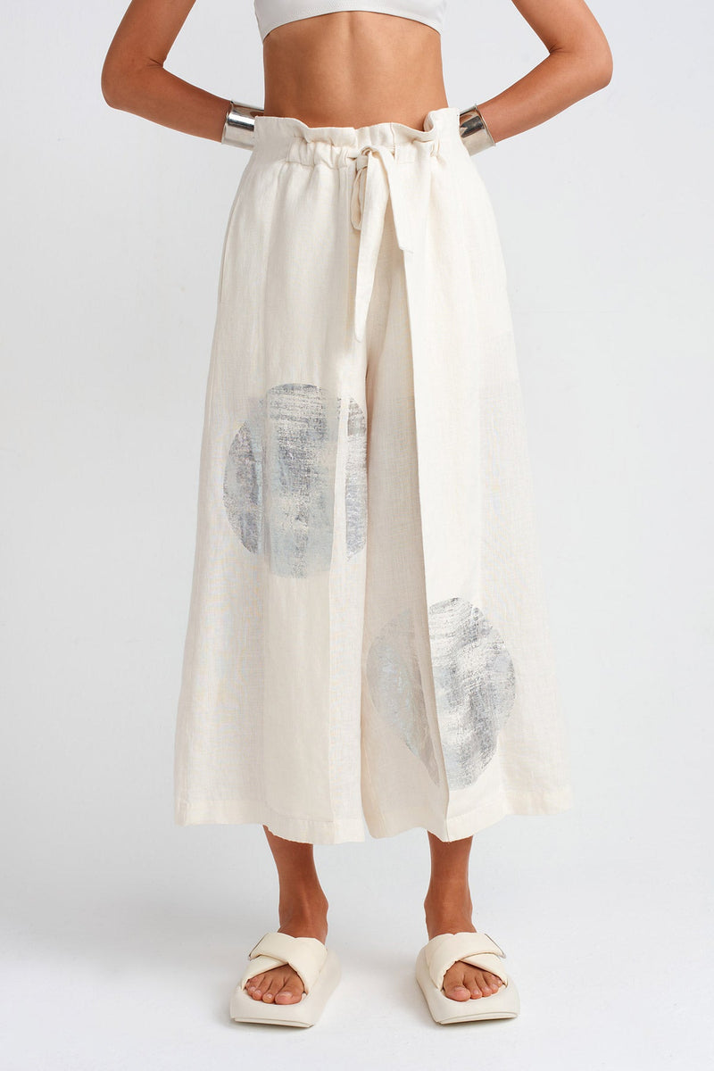 NU Silver Printed Linen Trousers Ecru