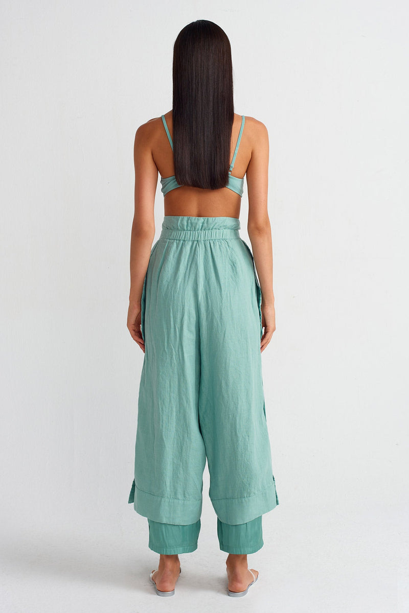 NU Satin Lined Linen Pants Turquoise