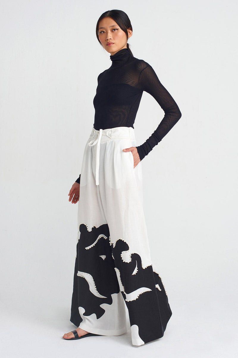 NU Printed And Pearl Embellished Pants Off White/Black