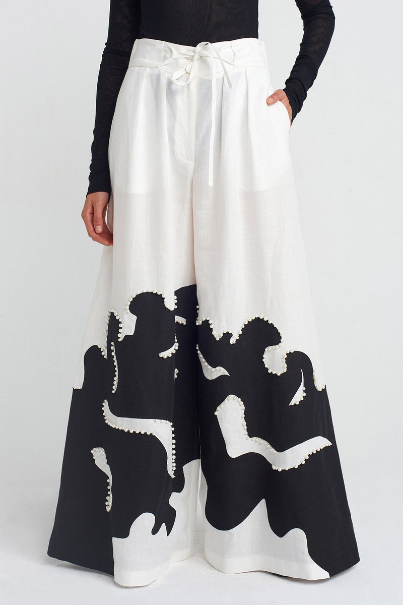 NU Printed And Pearl Embellished Pants Off White/Black