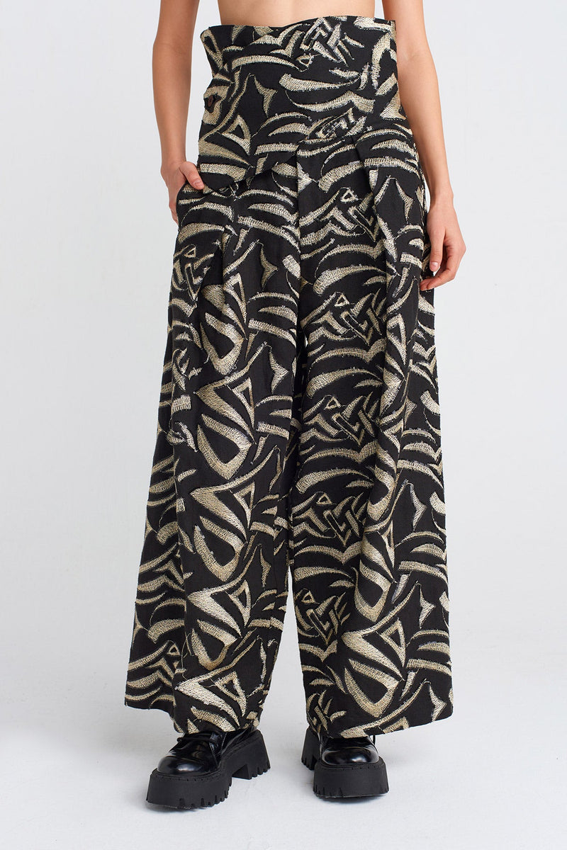 NU High-Waisted Gold Embroidered Pants Black