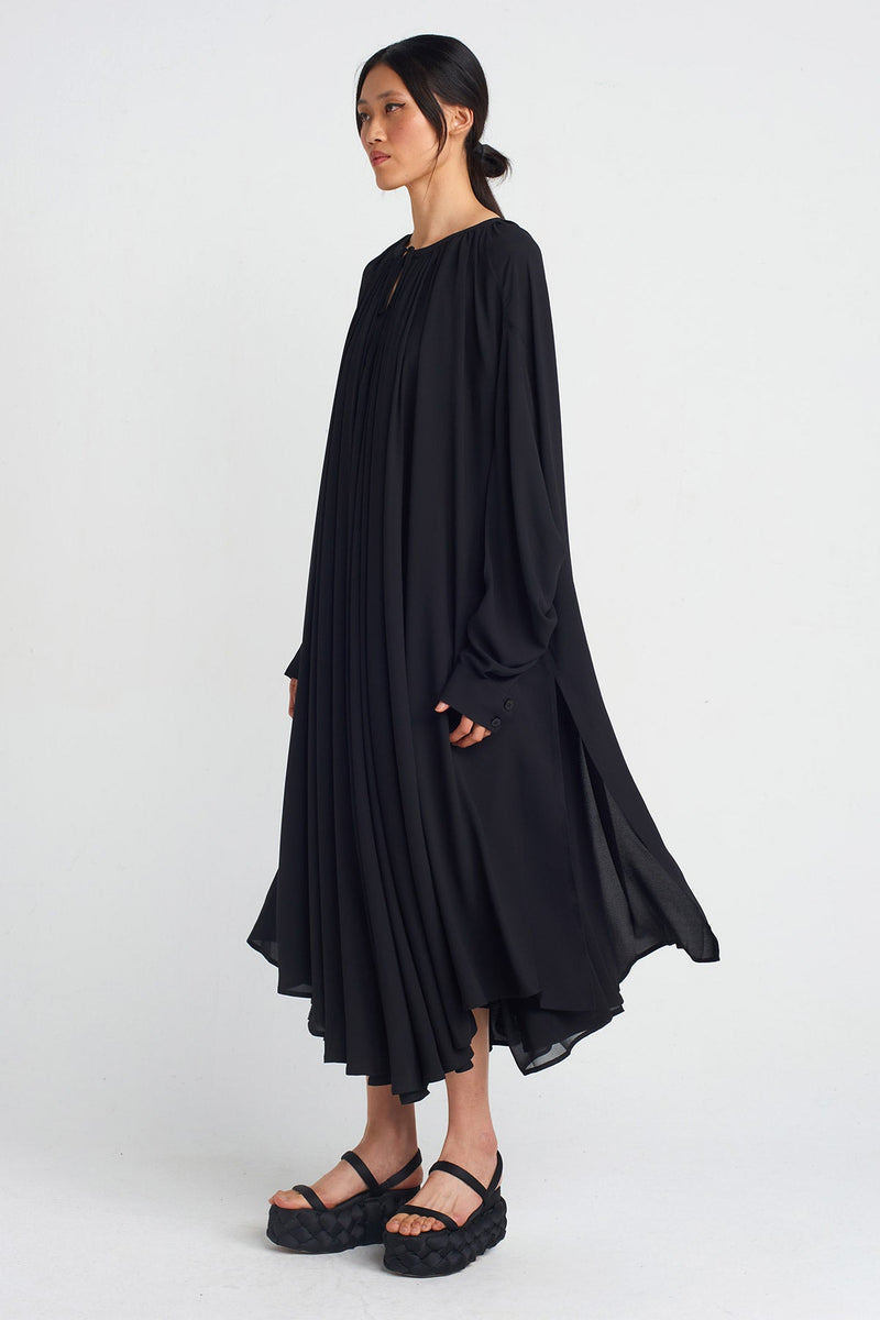 NU Chiffon Long-Sleeve Midi Dress Black