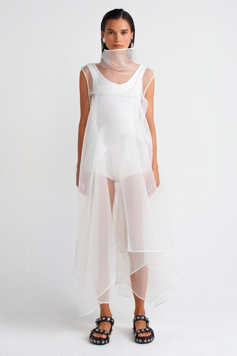 NU Pleated Organza Dress Off White