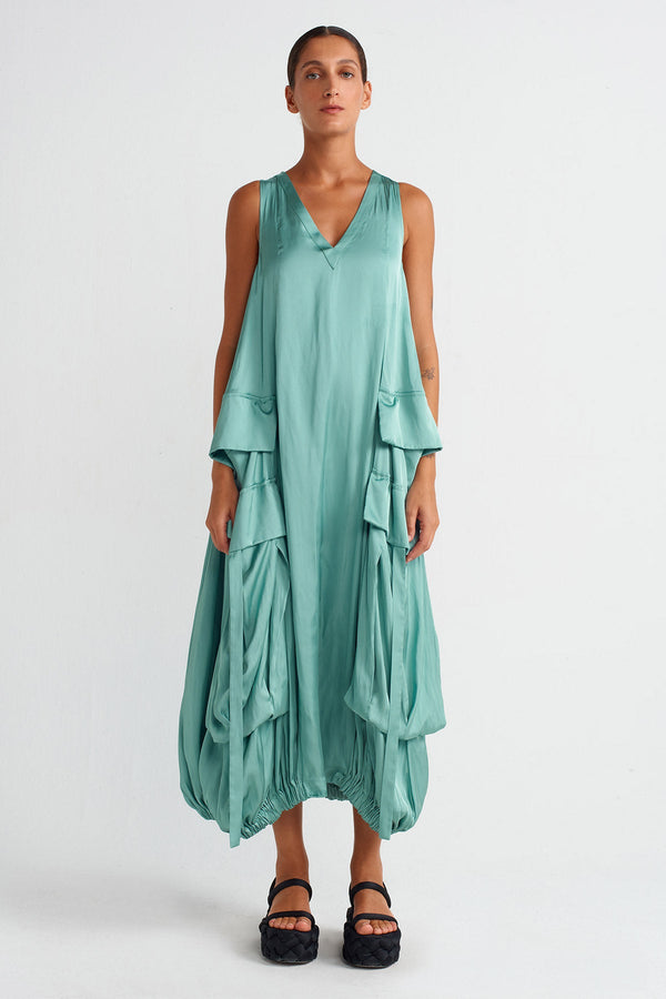 Nu Pocket V-Neck Satin Dress Turquoise