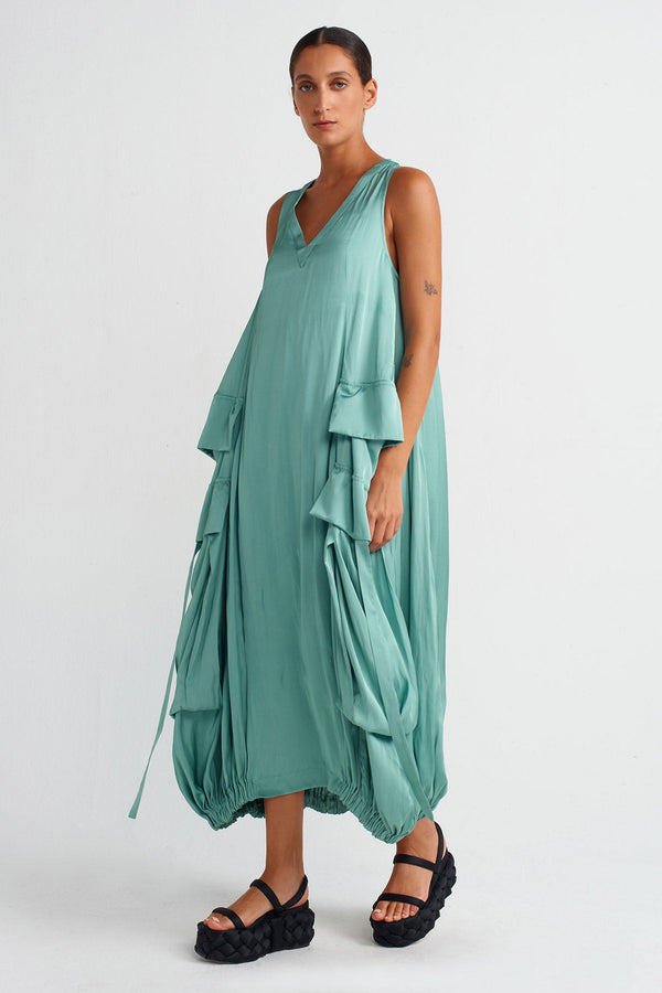 Nu Pocket V-Neck Satin Dress Turquoise