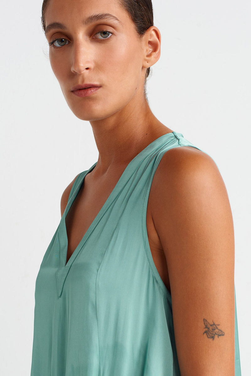 Nu Pocket V-Neck Satin Dress Turquoise