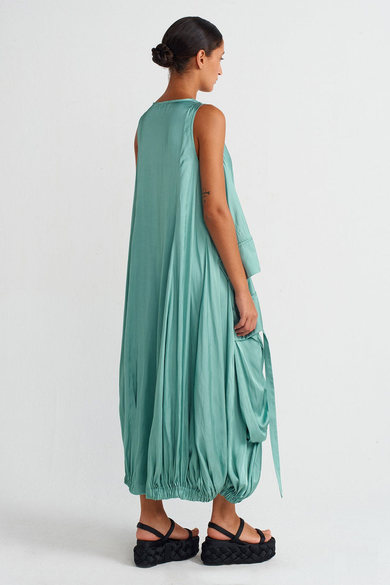 Nu Pocket V-Neck Satin Dress Turquoise