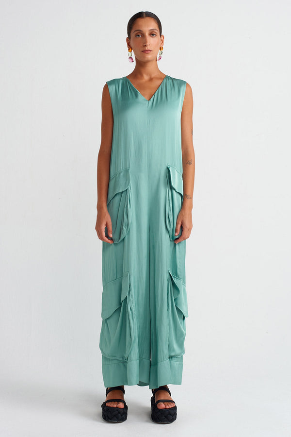 Nu Pocket Satin Jumpsuit Turquoise