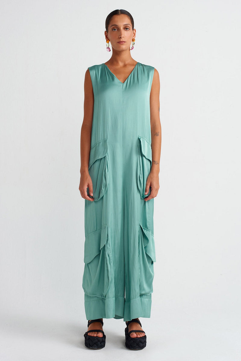 Nu Pocket Satin Jumpsuit Turquoise
