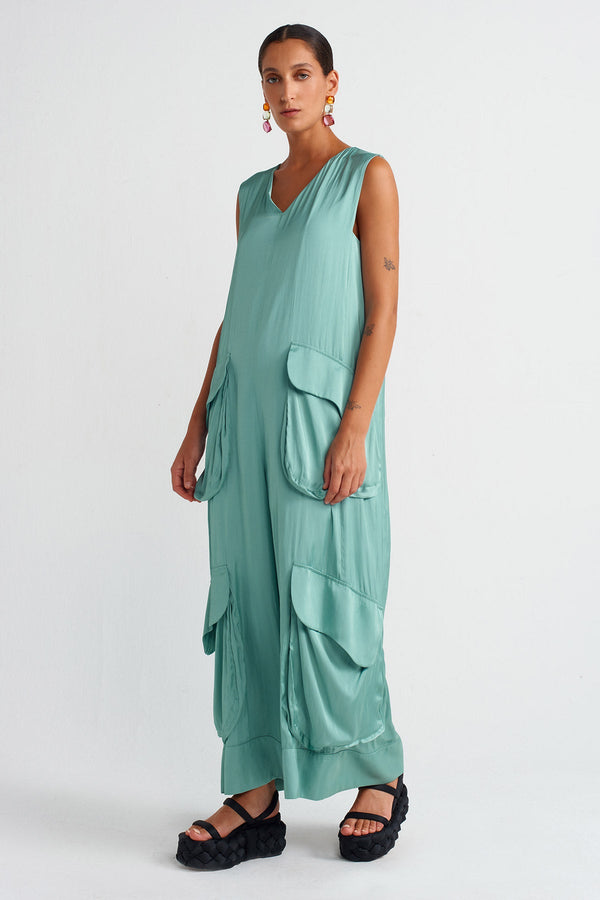 Nu Pocket Satin Jumpsuit Turquoise