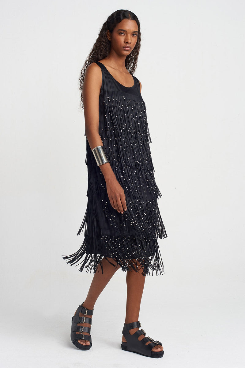 NU Fringed Pleated Dress Black
