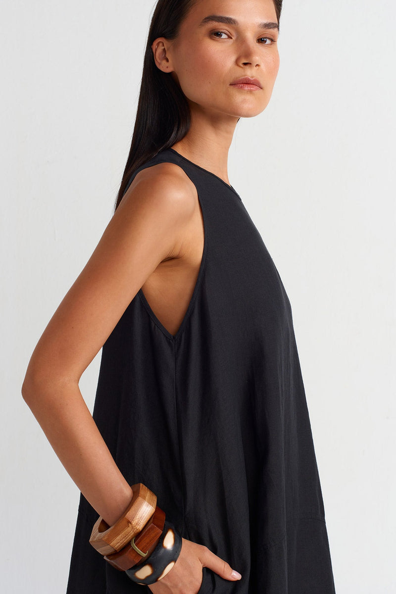 NU Pocketed Long Linen Dress Black