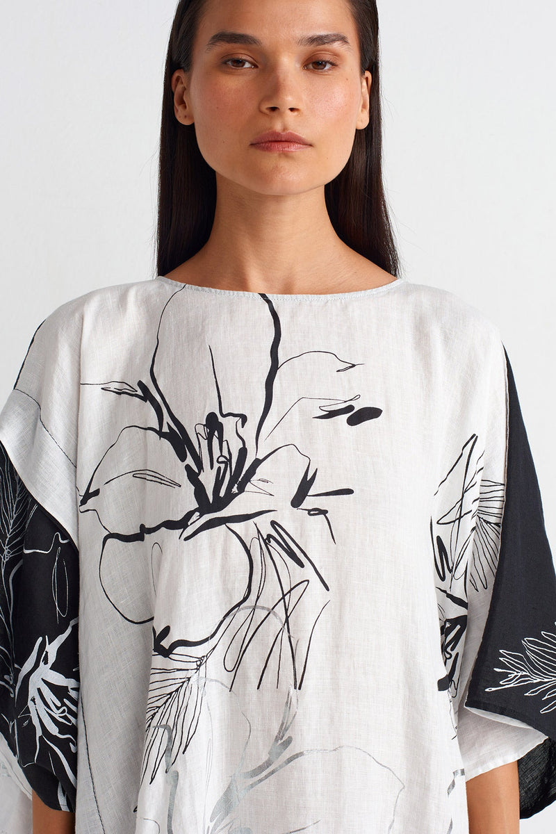 Nu Printed Linen Kaftan Dress Off White/Black
