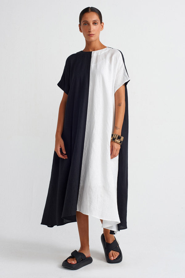 Nu Color Block Linen Dress Black/Offwhite