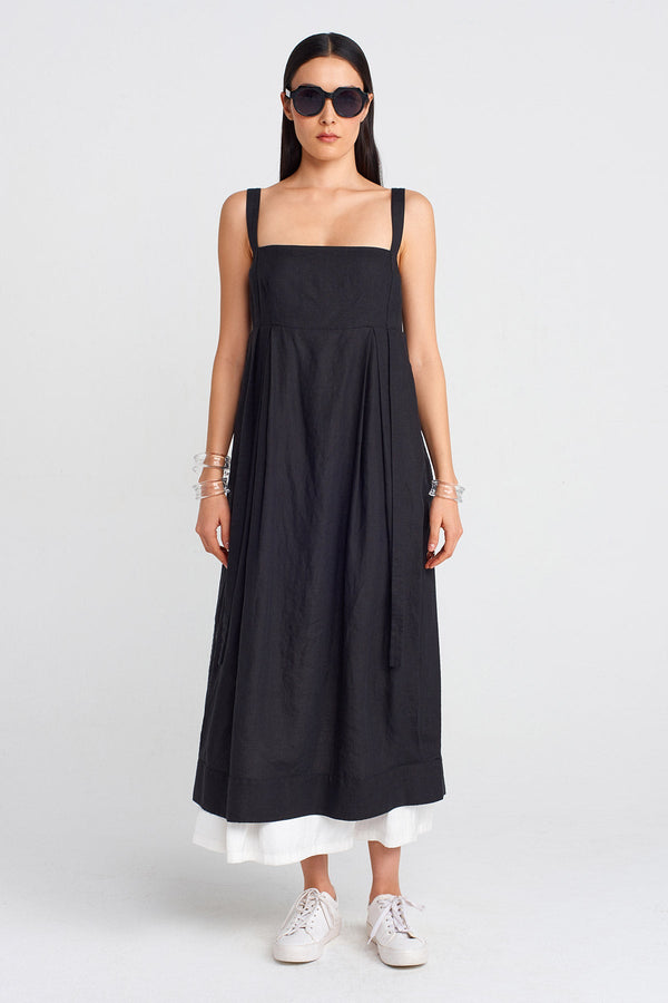 NU Strappy Linen And Satin Combination Dress Black/Offwhite