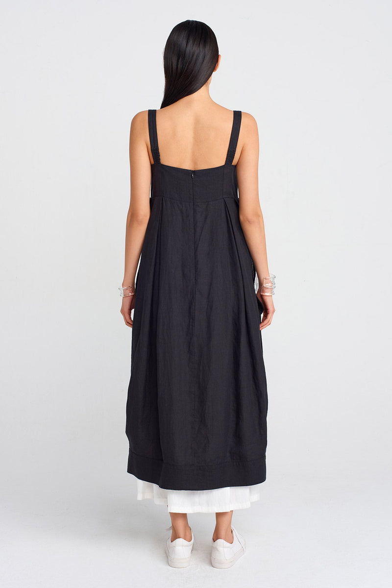 NU Strappy Linen And Satin Combination Dress Black/Offwhite