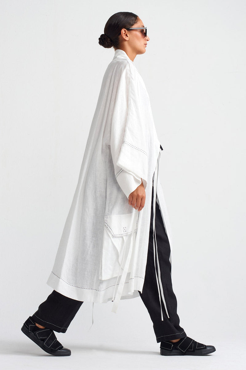 NU Contrast Stitched Pocket Linen Kimono Off White/Black