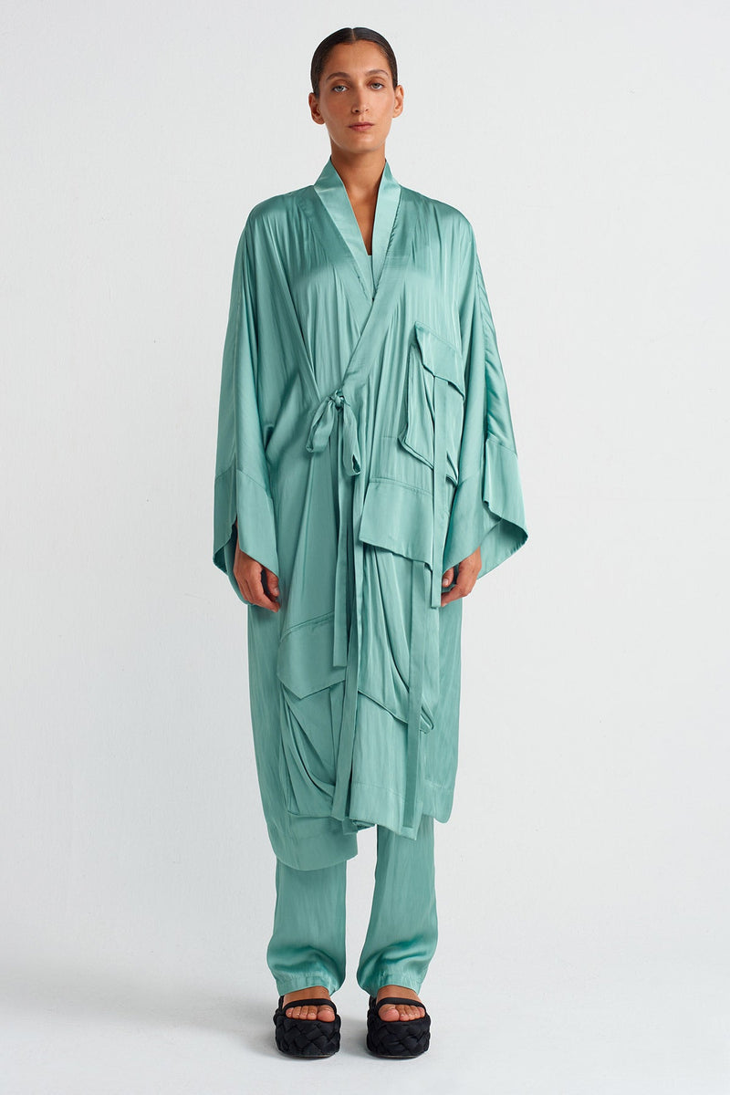 Nu Pocket Satin Kimono Turquse