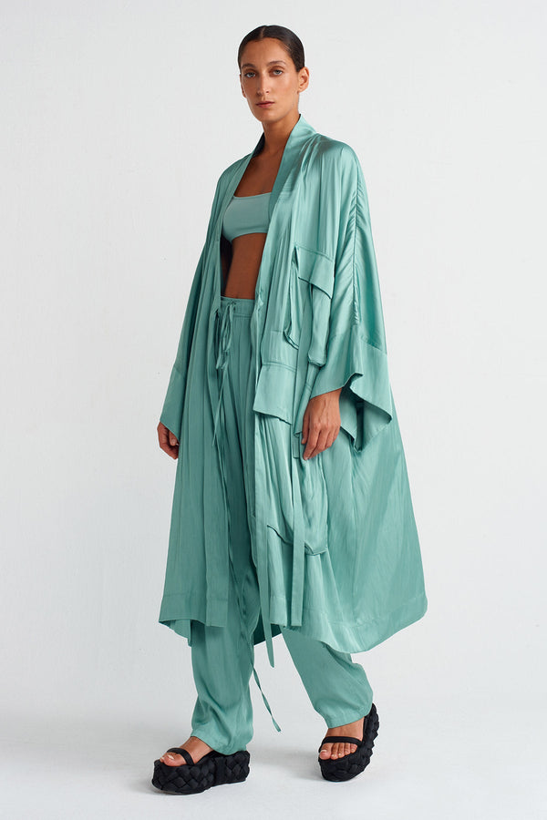 Nu Pocket Satin Kimono Turquse