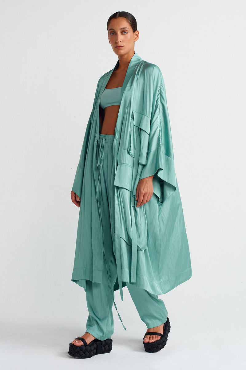 Nu Pocket Satin Kimono Turquse