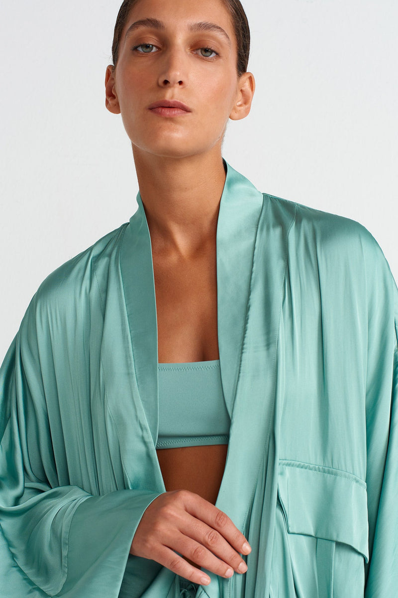 Nu Pocket Satin Kimono Turquse