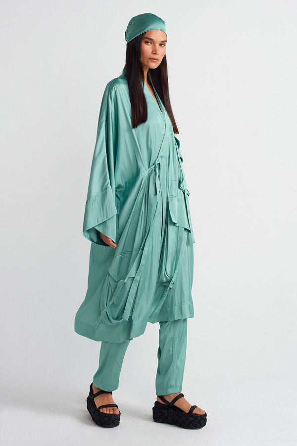 Nu Pocket Satin Kimono Turquse