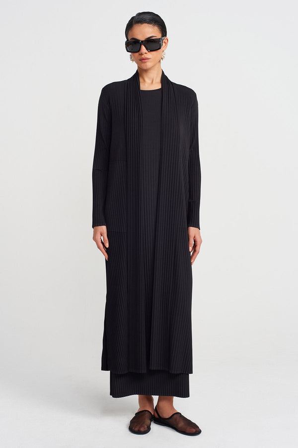 NU Long Pleated Jersey Cardigan Black